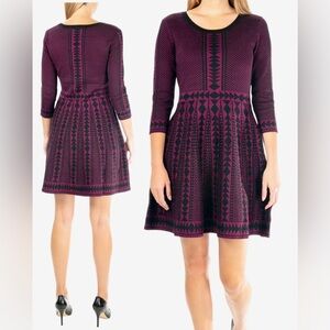 NWT Nina Leonard Women's Geometric Fit & Flare Knit Dress Black & Purple Size XL